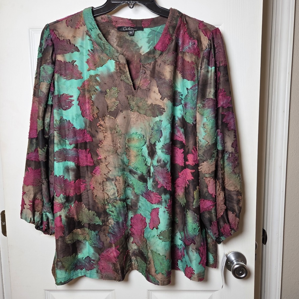 Calessa sz 3X semi sheer 3/4 slv top NWT artsy casual whimsigoth fall leaves